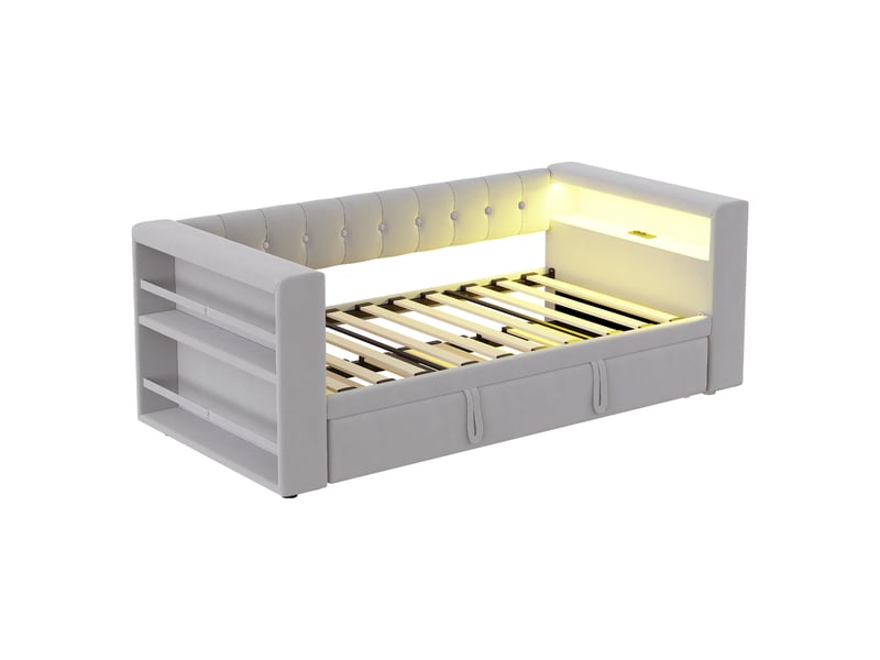  Lit gigogne 90-180x190 cm 2 en 1 avec led et charge, flanelle, gris clair, sans matelas  - Conforama D