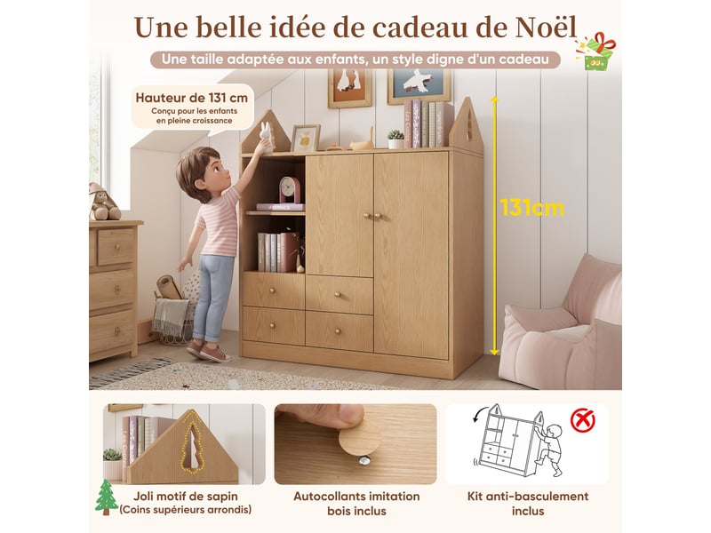  Armoire enfant 100x48x131 cm, avec penderie, 4 tiroirs, étagères, design maison, grand rangement, gain de place pour chambre - chêne  - Conforama D