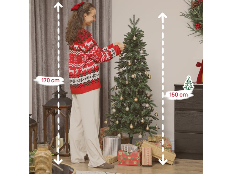  Sapin de noël artificiel 150 cm, arbre de noël slim avec 150 lumières 8 modes d'éclairage 431 branches articulées, vert  - Conforama C