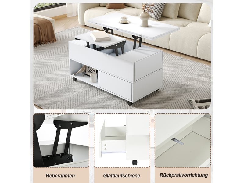  Table basse coloris blanc 100 × 50 × 52 cm, en panneaux de particules, avec plateau relevable et rangement ouvert  - Conforama C