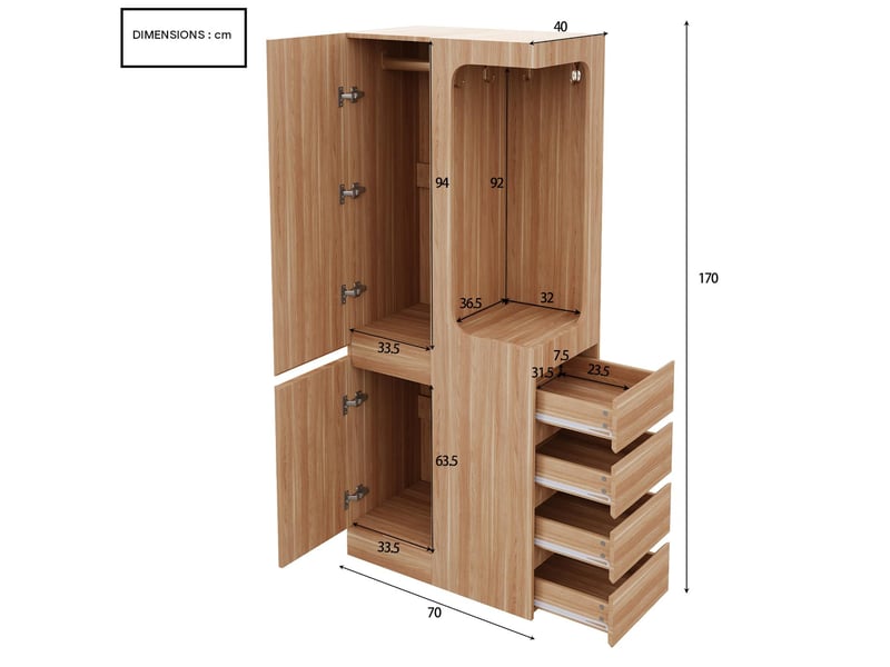  Armoire penderie 1 porte 4 tiroirs et penderie ouverte 70 x 40 x 170 cm LDB00431AAN - Conforama C