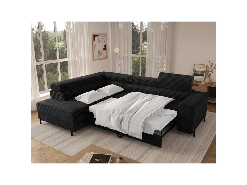 Canapé d'angle colesia convertible 5 places noir velours côtelé – gauche – 274x200cm - Conforama C