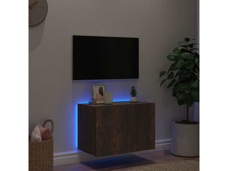  Meuble tv - banc tv - meuble de rangement mural avec lumières led chêne fumé 60x35x41 cm  - Conforama D