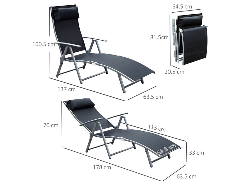 Bain de soleil 137 x 63 x 100 cm chaise longue de jardin pliable coussin structure métal et tissu noir  - Conforama B
