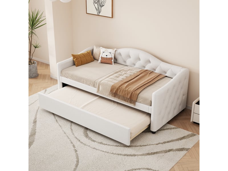  Lit banquette beige 90x200 cm en lin avec lit gigogne, style minimaliste  - Conforama B
