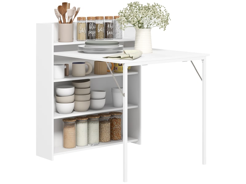  Table à manger pliante, table de cuisine pour 3 personnes, plateau à abattant et 4 étagères, 78,5x91x93cm, blanc  - Conforama B