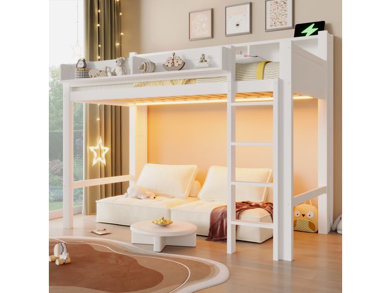  Lit mezzanine bois 90 x 200 cm blanc led usb 3 placards de rangement échelle garde-corps et sommier à lattes enfant ado  - Conforama D