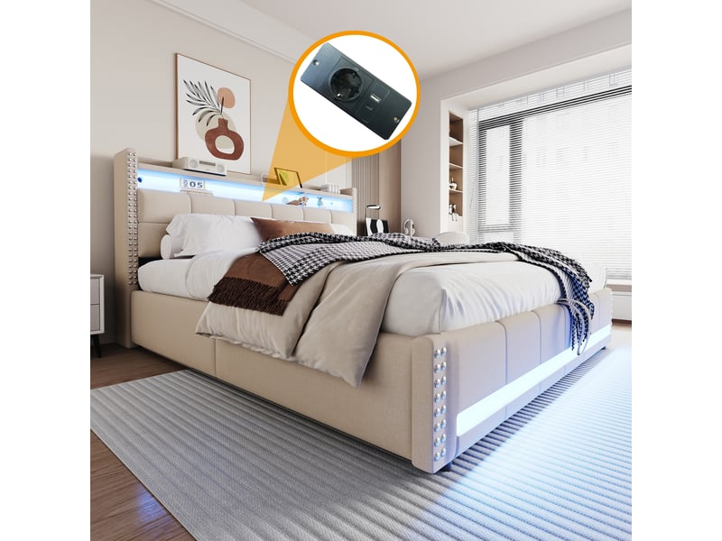 Lit 2 personnes 180x200 cm en lin, tête de lit avec étagères et espace de rangement, beige, lit double avec éclairage led et usb - Conforama E