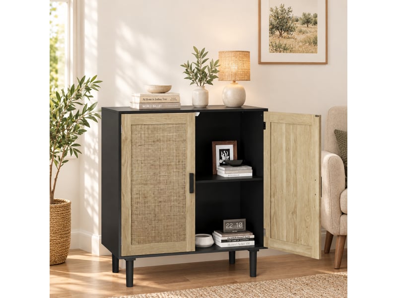  Buffet bas 80x40x88 cm noir, 2 portes en rotin, poignées bois massif, meuble de rangement salon entrée  - Conforama B