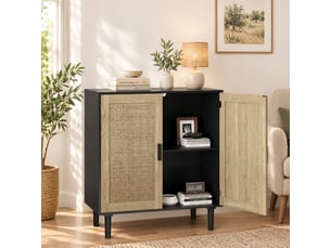 Buffet bas 80x40x88 cm noir, 2 portes en rotin, poignées bois massif, meuble de rangement salon entrée