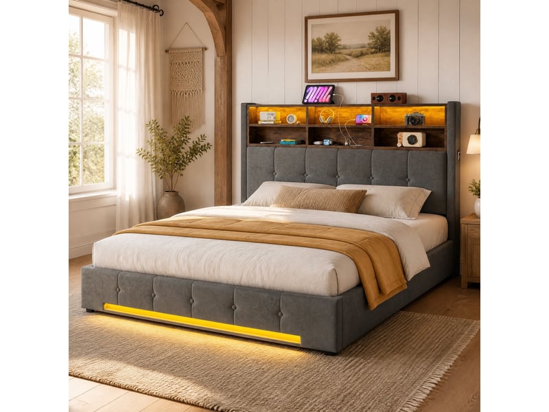  Lit coffre double 160×200 cm avec led réglable et usb-c - okmyhome- 6 étagères, velours gris foncé, sans matelas  - Conforama B