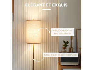 Lampadaire design 40 w max. Piètement mât acier doré abat-jour lin crème doré et beige dim. 25,5 x 25,5 x 157 cm