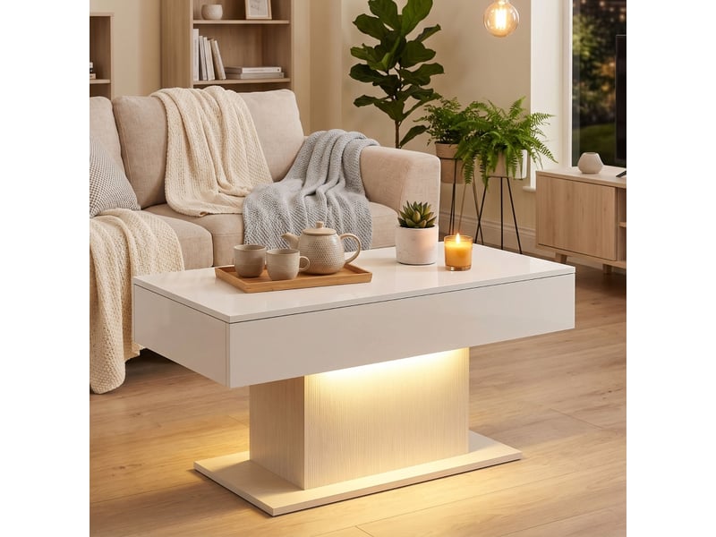  Table basse led blanche brillante - 2 tiroirs, télécommande, rangement - moderne  - Conforama B