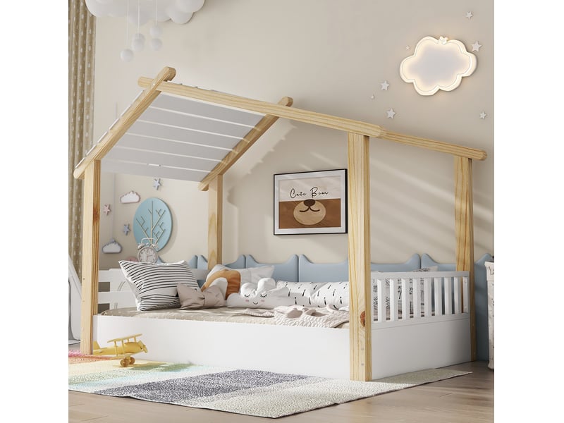  Lit enfant cabane 90 x 200 cm avec sommier à lattes, blanc et naturel en bois  - Conforama D