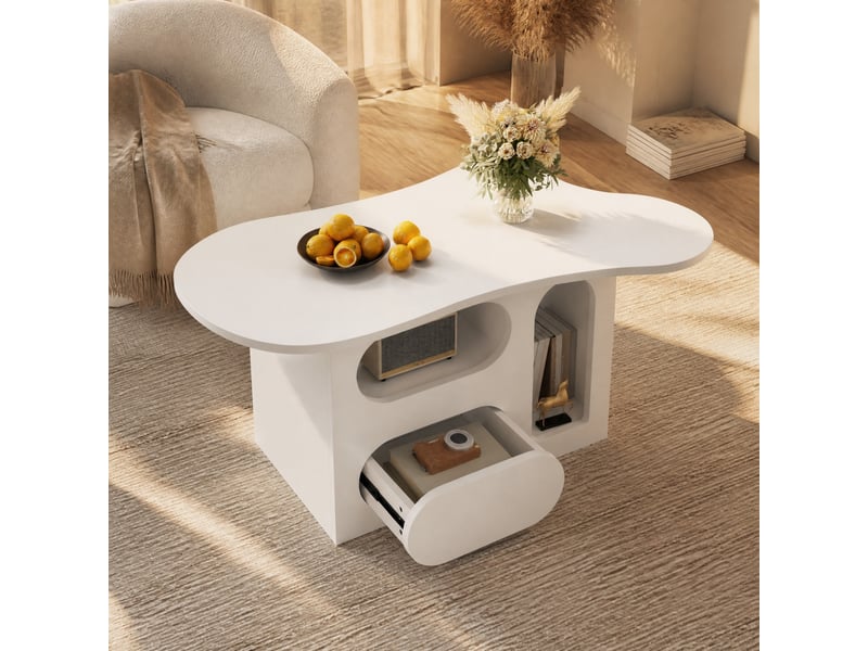  Table basse avec tiroirs et niches ouvertes - lpospi - plateau nuage, bords arrondis, panneau de particules blanc 97 × 45 × 43,5 cm  - Conforama C