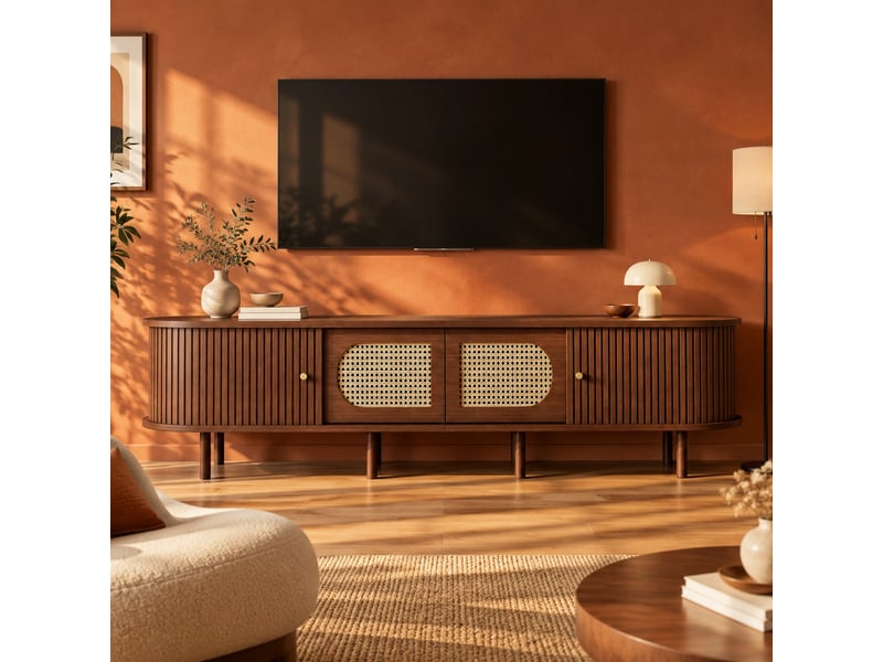  Meuble tv 180 x 40 x 40 cm noyer foncé, mdf, style rotin, 2 portes et 2 portes à rideau  - Conforama D