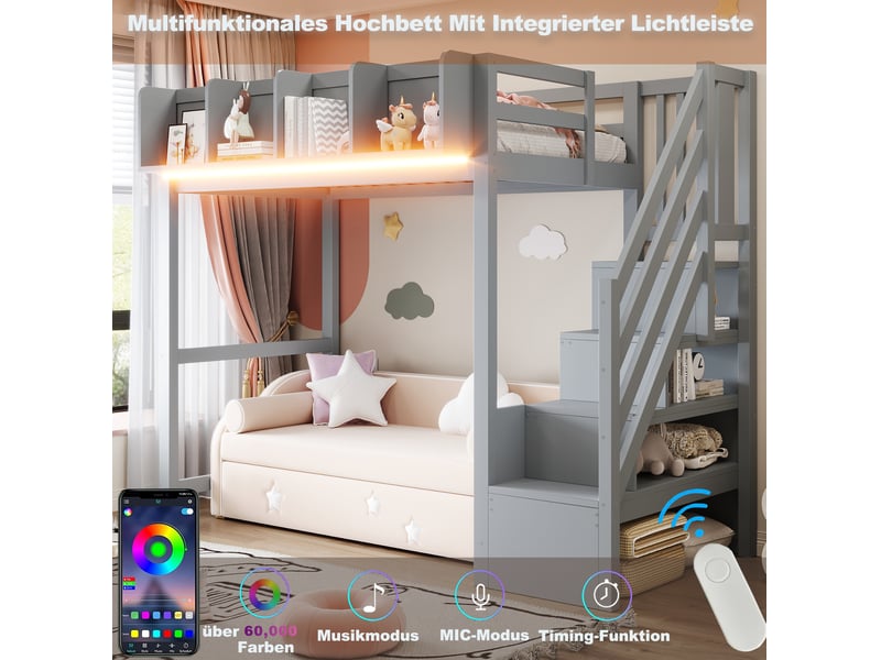  Lit mezzanine enfant 90x200 cm – gris – led, étagères ouvertes et échelle latérale - sans matelas  - Conforama E