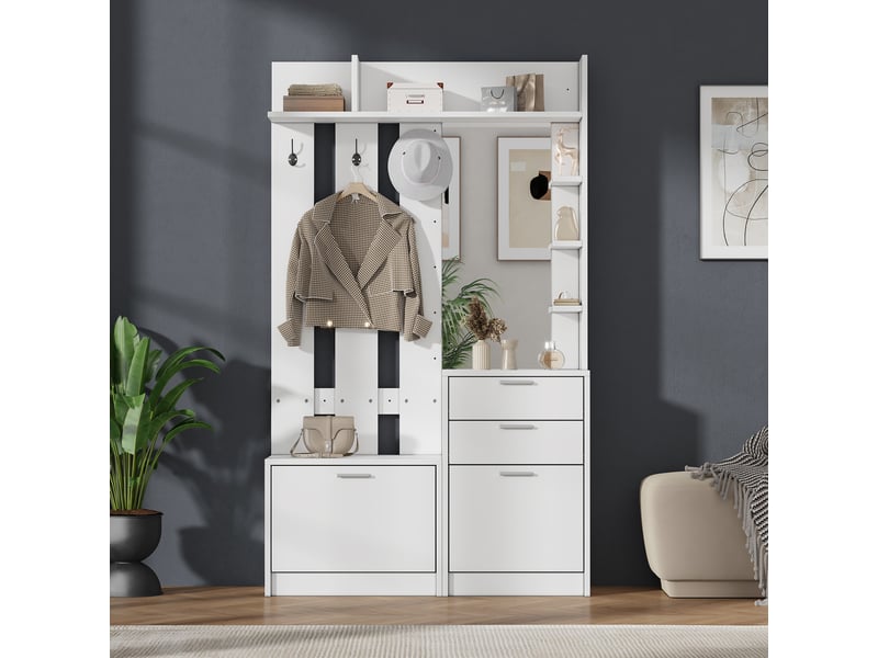 Meuble d’entrée blanc en mdf avec miroir, 2 tiroirs, 2 meubles à chaussures rabattables et 3 patères, 110 x 34 x 185 cm - Conforama D