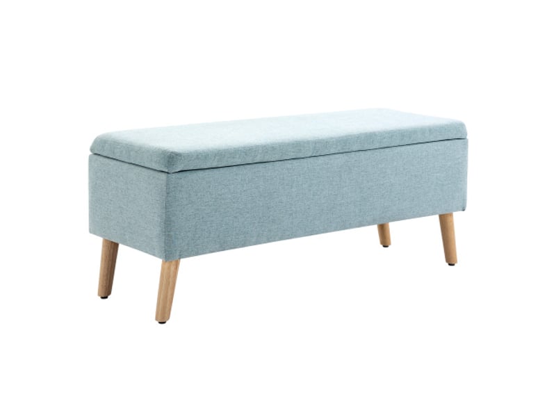  Banc coffre vert clair 110x39x45 cm, polyester aspect lin, bois d’hévéa, style scandinave  - Conforama A