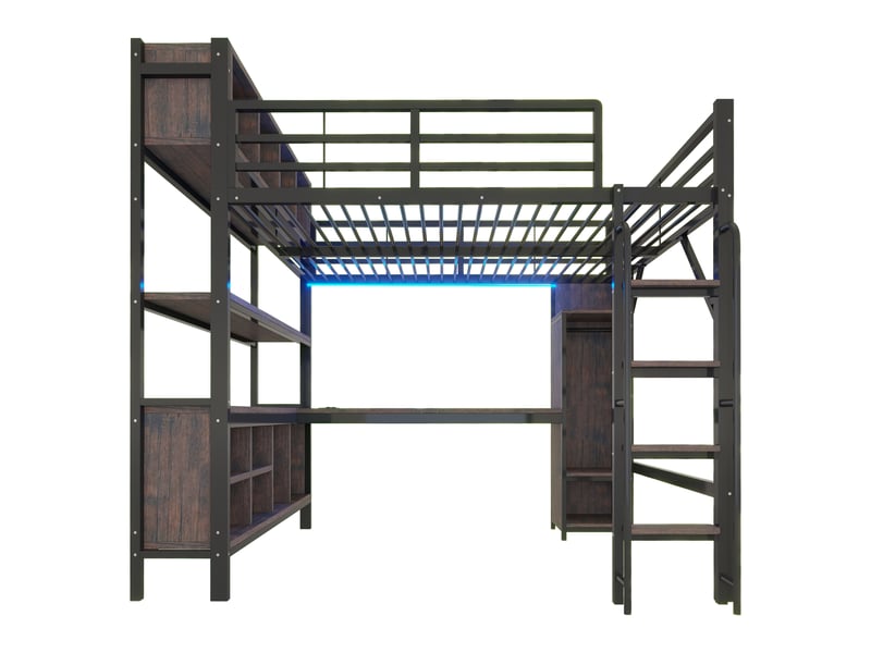  Lit mezzanine avec bureau, métal noir, 140 x 200 cm, armoire, rangements, led et prises ue  - Conforama A