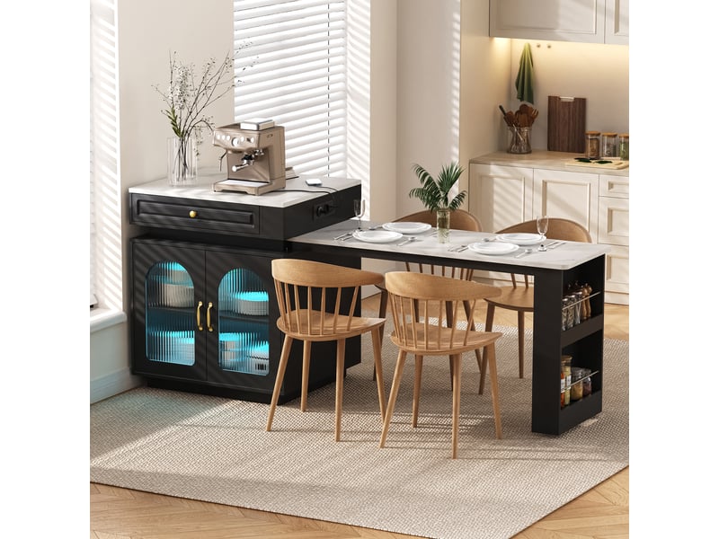  Îlot de cuisine sur roulettes table extensible 128-200 cm led multiprise usb tiroir noir  - Conforama E