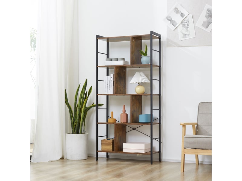  Bibliothèque industrielle à 5 niveaux avec compartiments ouverts, idéale pour le bureau, le salon et la chambre, coloris marron rustique et noir.  - Conforama C