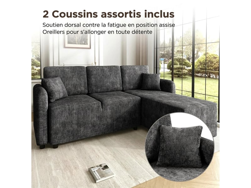  Canapé d'angle 3 places en l avec méridienne 144 cm, revêtement en chenille douce, 2 coussins inclus  - Conforama E
