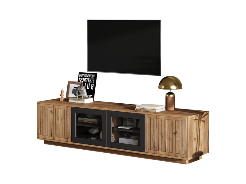  Meuble tv avec éclairage led 180 x 40 x 45 cm, banc tv jusqu'à 75 pouces avec rangement, 4 portes dont 2 vitrées, naturel et noir  - Conforama A