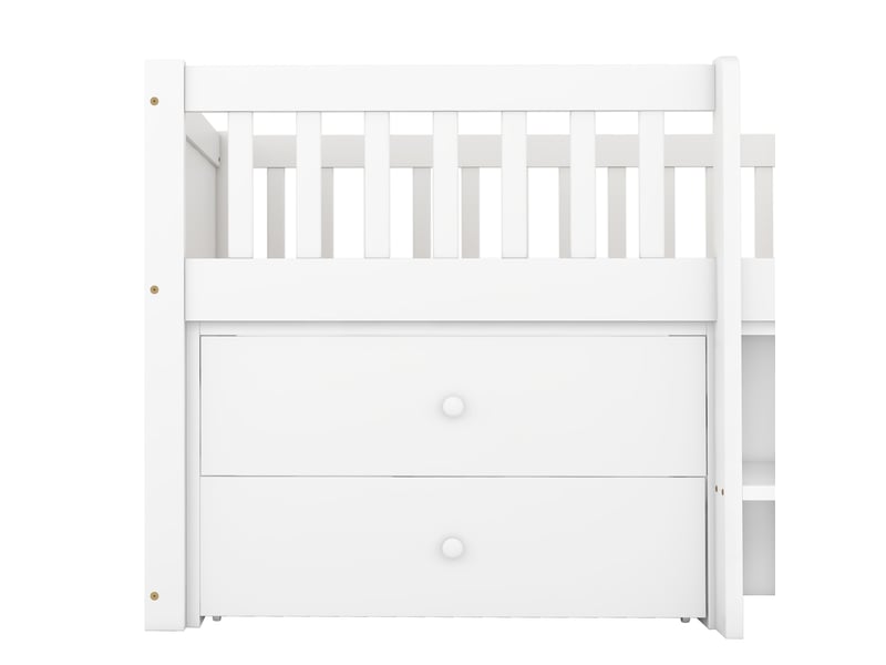  Lit mezzanine mi-haut 90x200 cm en bois, lit simple avec 4 tiroirs, barrière et échelle, sans matelas, blanc et gris  - Conforama E