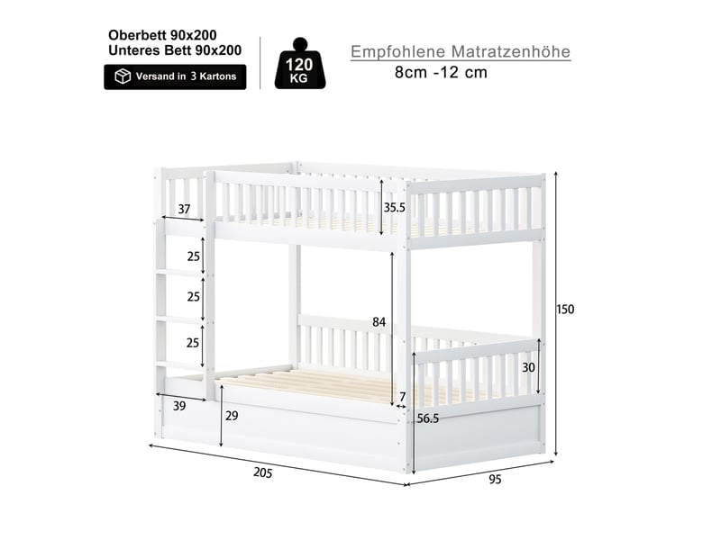  Lit superposé enfant 90x200 cm avec rangement hydraulique bois blanc sans matelas  - Conforama C