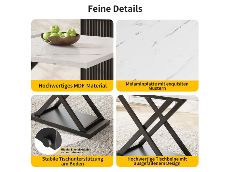  Table à manger extensible 120–160 cm, pieds croisés en métal noir et plateau blanc effet marbre, cuisine et salon  - Conforama E