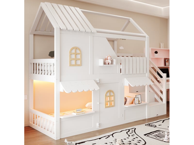 Lit superposé enfant 90 × 200 cm avec escalier de rangement, led réglables, étagères et espace de jeu pour chambre - Conforama E