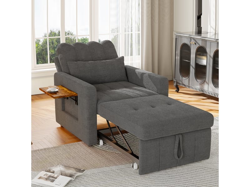  Fauteuil canapé-lit convertible 1-place - gris moyen - 190 x 69 cm - en tissu chenille avec tablette en bois et chargeur usb intégré  - Conforama C