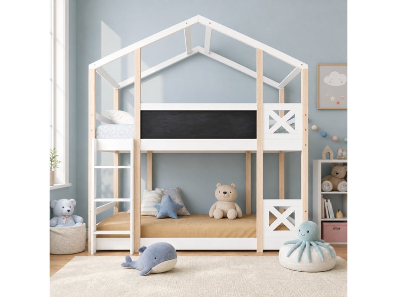  Lit mezzanine enfant 200×90 cm avec échelle, tableau et barrières de protection, sommier inclus, sans matelas, blanc  - Conforama B