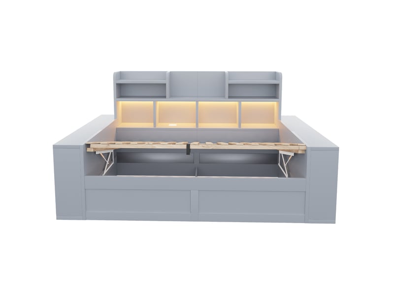  Lit banquette 90x200 cm gris en mdf et contreplaqué, coffre hydraulique, led et prises avec rangements  - Conforama E