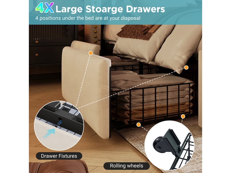  Lit coffre 140x200 cm en velours avec 4 tiroirs, éclairage led, ports usb et type-c, lit double avec sommier à lattes, rangement intégré - beige  - Conforama D
