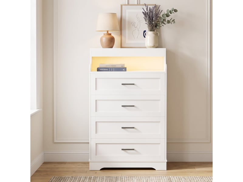  Commode blanche 4 tiroirs 73x40x114 cm, commode chambre avec éclairage led rgb et étagère ouverte, bois, moderne, blanc  - Conforama B