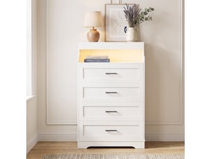 Commode blanche 4 tiroirs 73x40x114 cm, commode chambre avec éclairage led rgb et étagère ouverte, bois, moderne, blanc