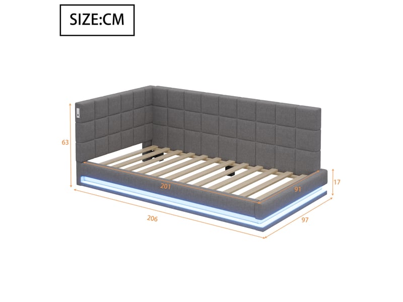  Lit banquette enfant 90 x 200 cm avec led, usb et sommier à lattes, lin, gris Fay Lum - Conforama C