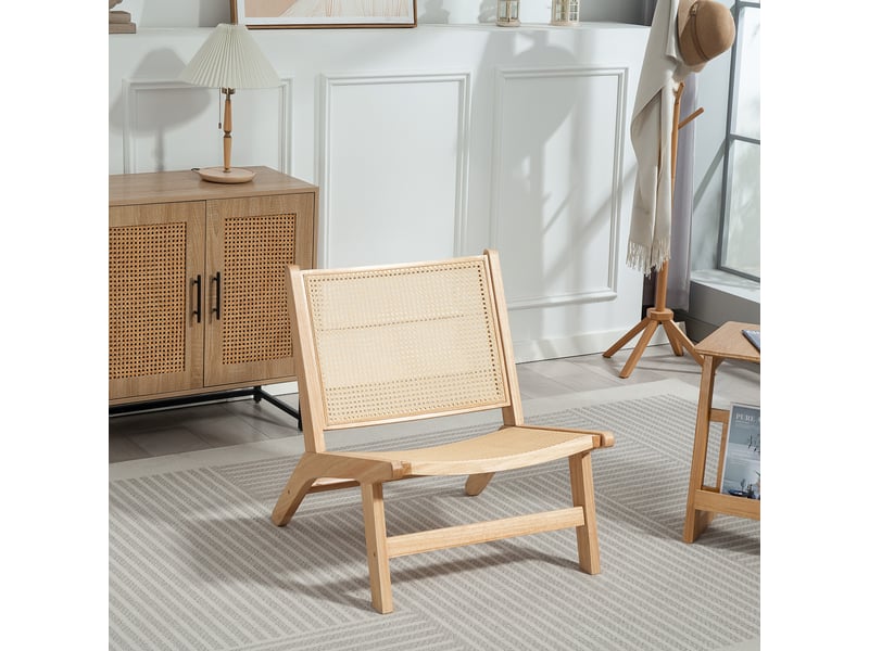  Fauteuil de salon avec dossier et large assise en rotin, structure en bois pour chambre ou salon, couleur naturelle  - Conforama D