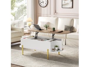 Table basse relevable avec compartiment caché, 7 niches de rangement et 4 pieds métalliques, pour salon, 120 × 50 × 43 cm