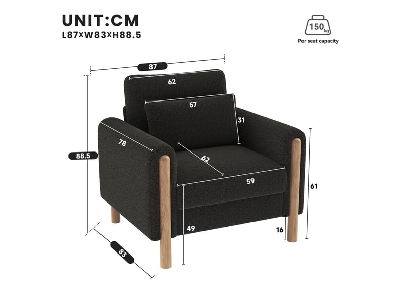 Fauteuil d'accent 87x83x88.5cm – fauteuil salon individuel avec coussin épais et oreiller lombaire – peluche –anthracite - Conforama C