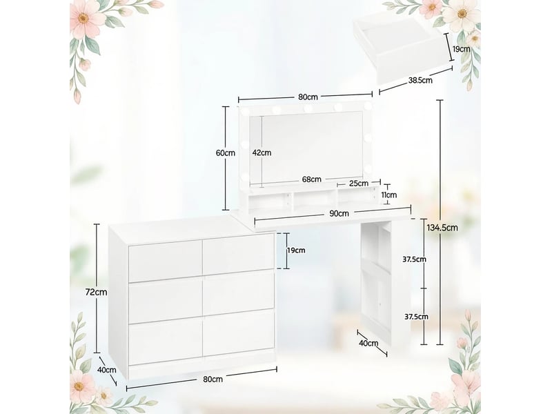 Coiffeuse 90x40x134,5 cm miroir led rectangulaire bois blanc  - Conforama C