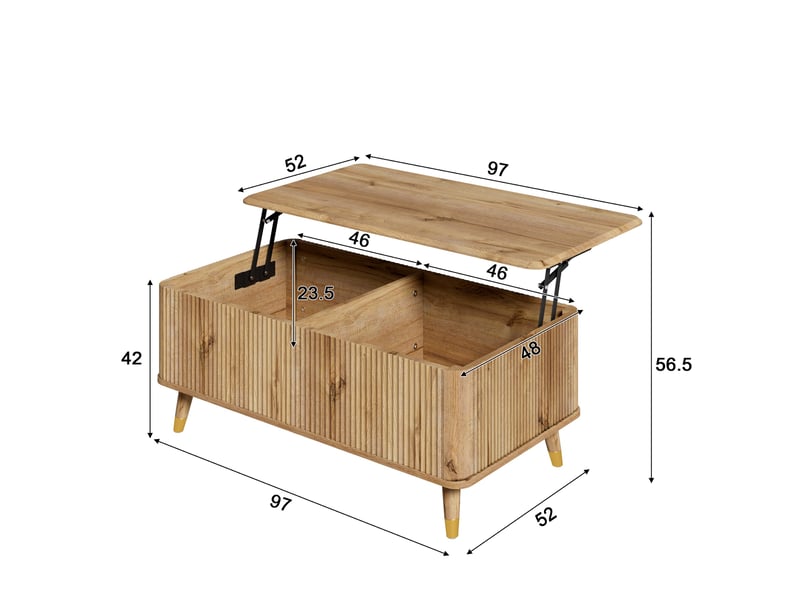  Table basse relevable, table de salon avec coffre de rangement plateau extensible pour espace de travail, style vintage ondulé 97x52x56,5 cm, naturel  - Conforama E