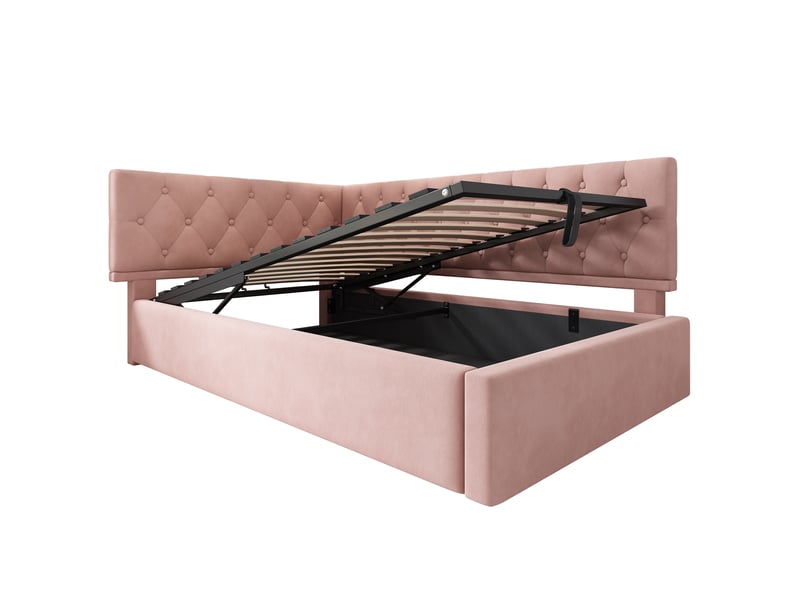  Lit enfant 90x200 cm coffre avec tête modulable, velours, rose, sans matelas  - Conforama R