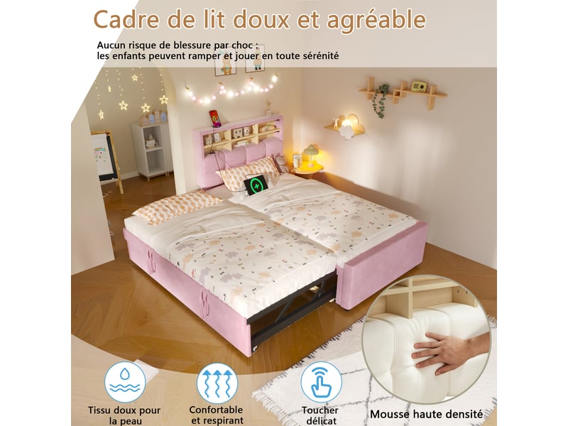 Lit banquette extensible 1-2 places 90x200180x200 cm avec lit gigogne, usb et usb-c, tête de lit avec rangements ouverts, velours rose - Conforama E