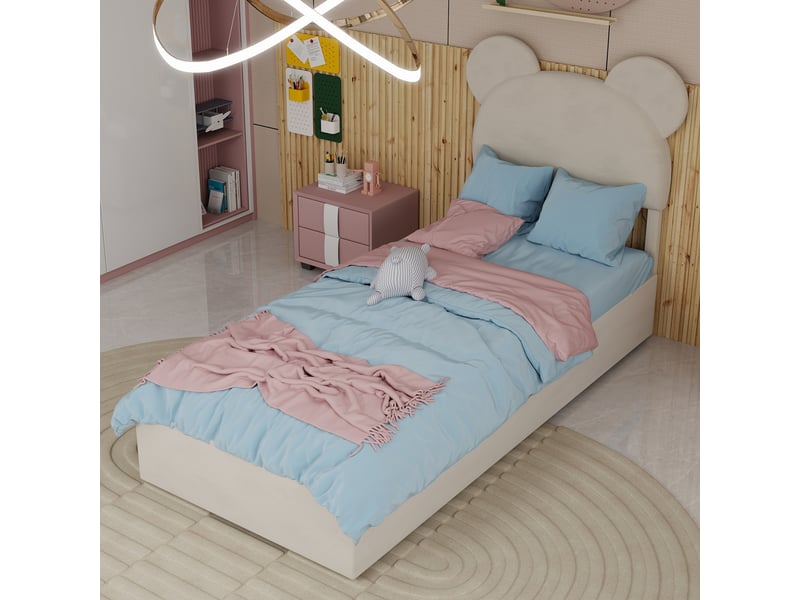 Lit enfant 90x200 cm coffre avec tête cartoon, métal, beige, sans matelas - Conforama E