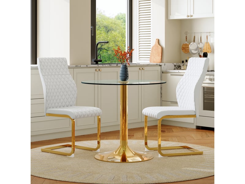  Ensemble table et 2 chaises de salle à manger, table ronde en verre trempé de 85 cm, blanc et doré, style contemporain  - Conforama E