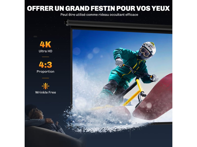  Écran de projection de 84 pouces, écran vidéoprojecteur, 4:3 4k hd, fixation mur ou plafond, noir, 181l x 8p x 138h cm  - Conforama A