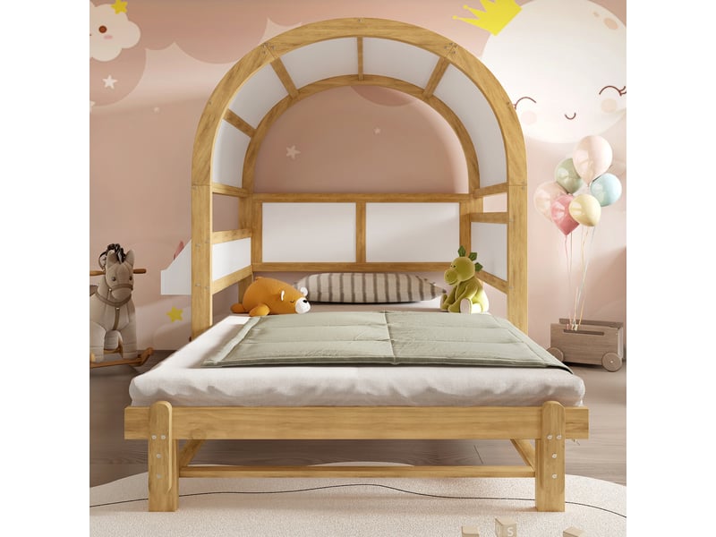  Lit maison enfant 140x200cm blanc et naturel, structure pin et mdf, couchage coulissant et toit  - Conforama C